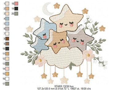 Stars and clouds embroidery design - Baby Girl and Boy machine embroidery pattern - Boho stars with leaves - Instant digital download pes