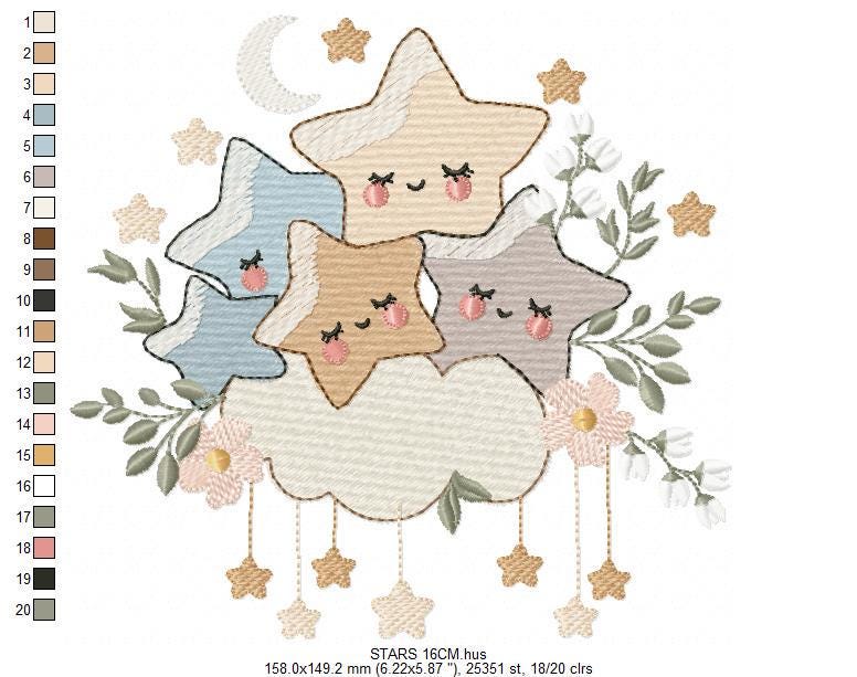 Stars and clouds embroidery design - Baby Girl and Boy machine embroidery pattern - Boho stars with leaves - Instant digital download pes