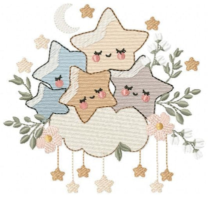 Stars and clouds embroidery design - Baby Girl and Boy machine embroidery pattern - Boho stars with leaves - Instant digital download pes