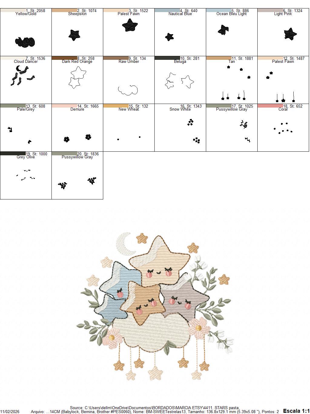 Stars and clouds embroidery design - Baby Girl and Boy machine embroidery pattern - Boho stars with leaves - Instant digital download pes