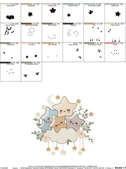 Stars and clouds embroidery design - Baby Girl and Boy machine embroidery pattern - Boho stars with leaves - Instant digital download pes