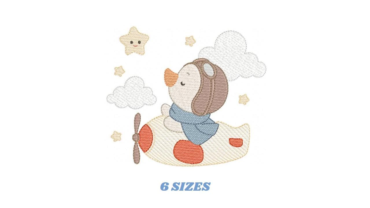 Pilot Duck with plane embroidery design - Aviator animal with airplane machine embroidery pattern - Baby boy file - Instant download pes jef