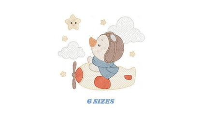 Pilot Duck with plane embroidery design - Aviator animal with airplane machine embroidery pattern - Baby boy file - Instant download pes jef