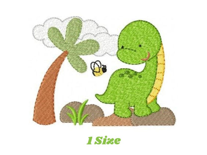 May include: Green dinosaur with a yellow stripe down its back, standing on a brown rock with a green palm tree and a yellow bee in the background. 1 Size.