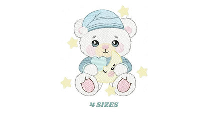 Male Bear with pajamas embroidery designs - Baby boy with cloud moon and stars machine embroidery pattern - Instant digital download pes jef