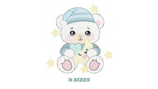 Male Bear with pajamas embroidery designs - Baby boy with cloud moon and stars machine embroidery pattern - Instant digital download pes jef