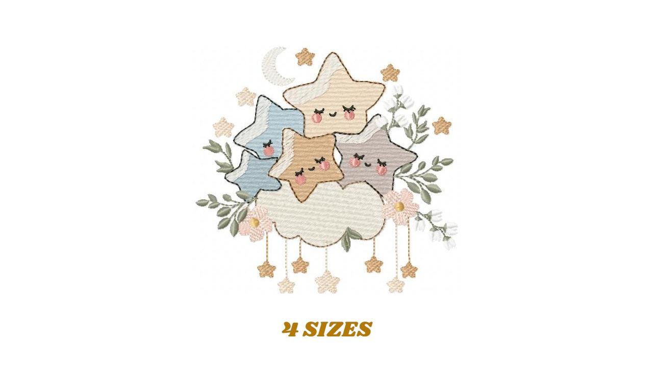 Stars and clouds embroidery design - Baby Girl and Boy machine embroidery pattern - Boho stars with leaves - Instant digital download pes