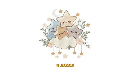 Stars and clouds embroidery design - Baby Girl and Boy machine embroidery pattern - Boho stars with leaves - Instant digital download pes