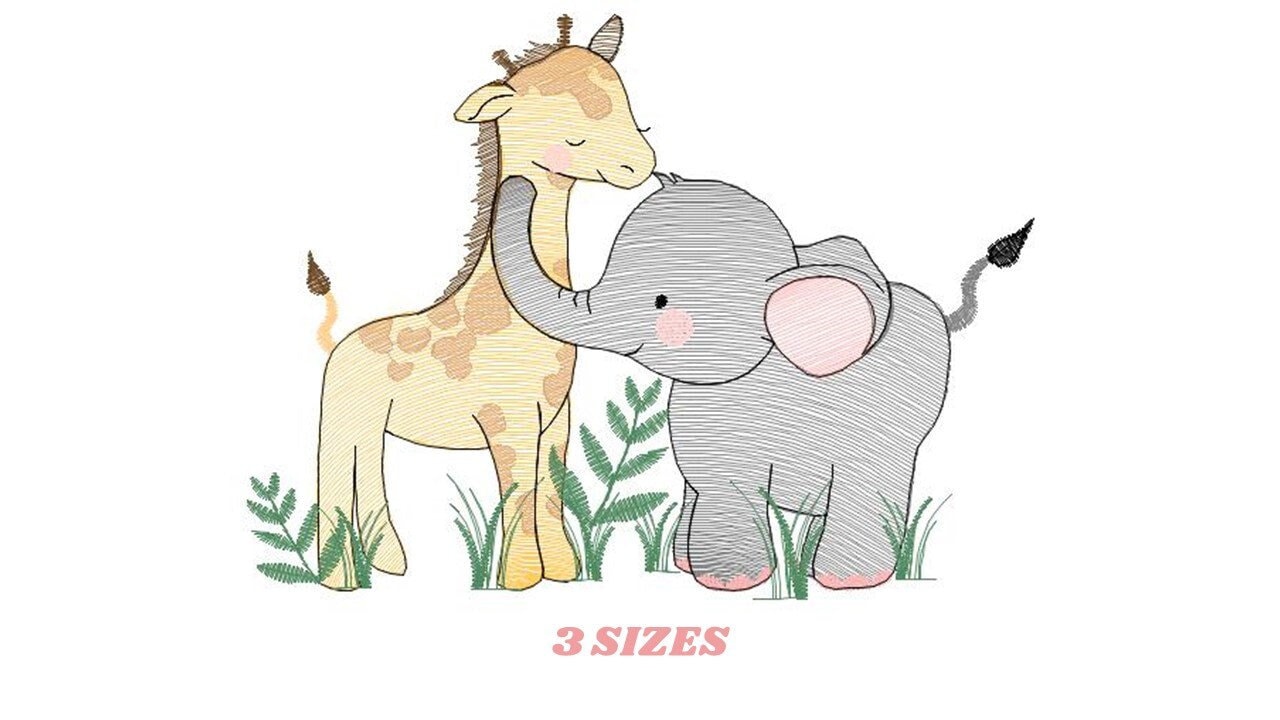 May include: Embroidered design of a yellow giraffe and a gray elephant hugging each other. The animals are surrounded by green foliage. The text "3 SIZES" is at the bottom of the image.
