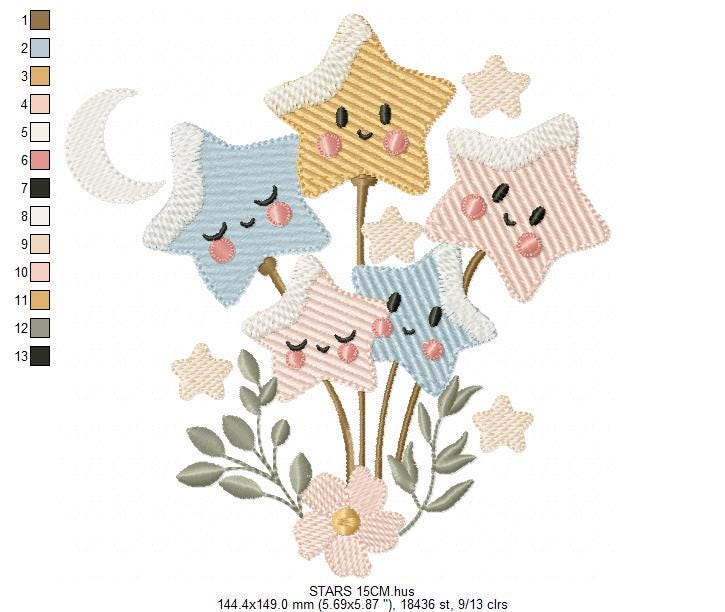 Stars and flowers embroidery design - Baby Girl and Boy machine embroidery pattern - Boho stars with leaves - Instant digital download pes