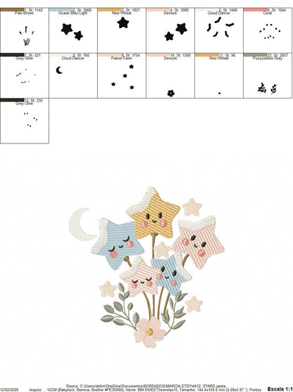 Stars and flowers embroidery design - Baby Girl and Boy machine embroidery pattern - Boho stars with leaves - Instant digital download pes
