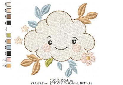 Cloud and leaves embroidery design - Boho Night and Day Sky machine embroidery pattern - Baby girl and boy file - Instant digital download