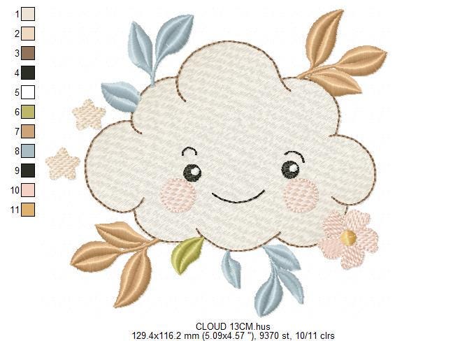 Cloud and leaves embroidery design - Boho Night and Day Sky machine embroidery pattern - Baby girl and boy file - Instant digital download