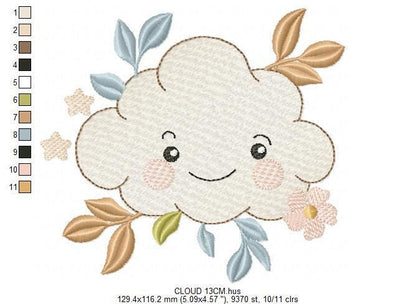 Cloud and leaves embroidery design - Boho Night and Day Sky machine embroidery pattern - Baby girl and boy file - Instant digital download
