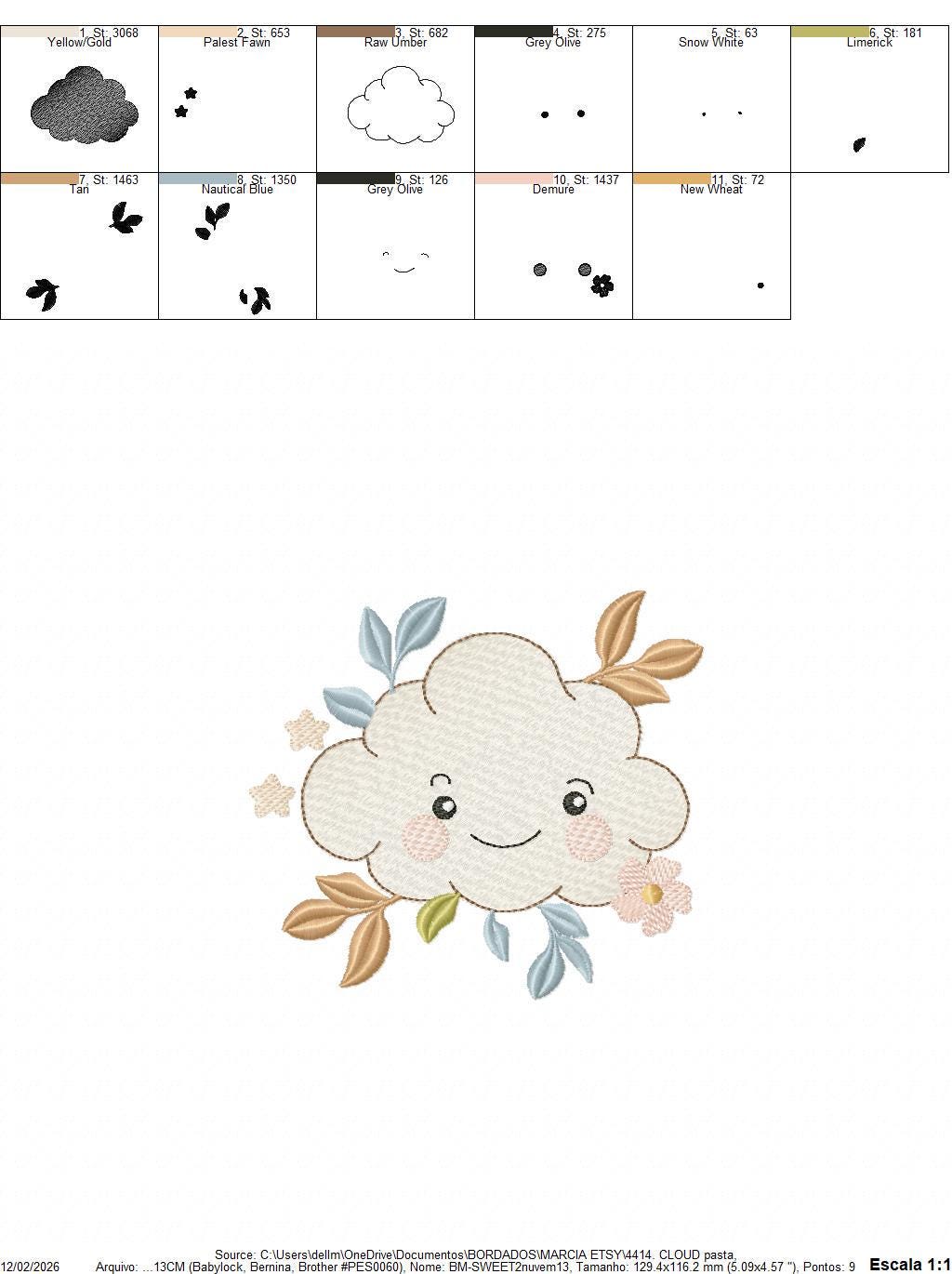 Cloud and leaves embroidery design - Boho Night and Day Sky machine embroidery pattern - Baby girl and boy file - Instant digital download