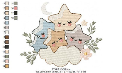 Stars and clouds embroidery design - Baby Girl and Boy machine embroidery pattern - Boho stars with leaves - Instant digital download jef