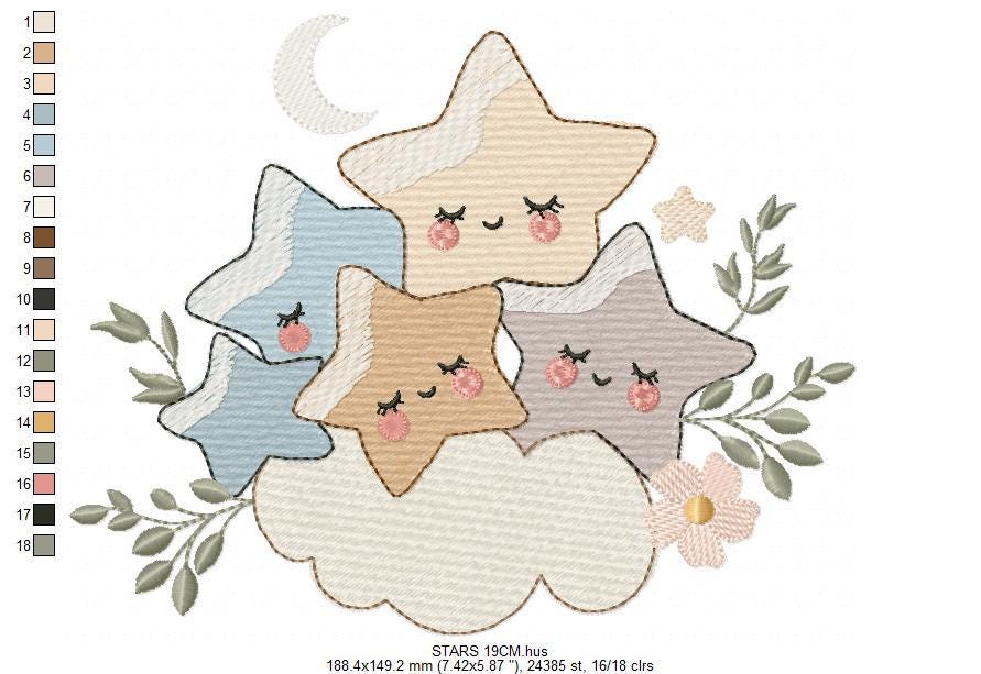 Stars and clouds embroidery design - Baby Girl and Boy machine embroidery pattern - Boho stars with leaves - Instant digital download jef
