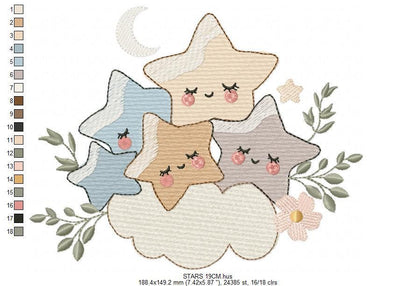 Stars and clouds embroidery design - Baby Girl and Boy machine embroidery pattern - Boho stars with leaves - Instant digital download jef