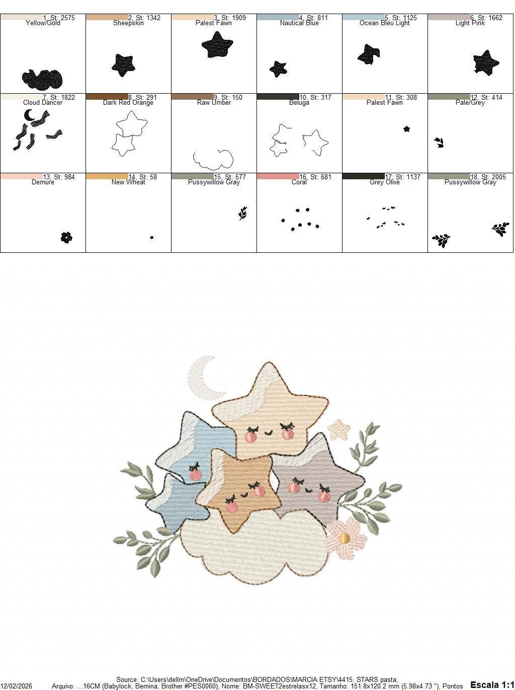 Stars and clouds embroidery design - Baby Girl and Boy machine embroidery pattern - Boho stars with leaves - Instant digital download jef