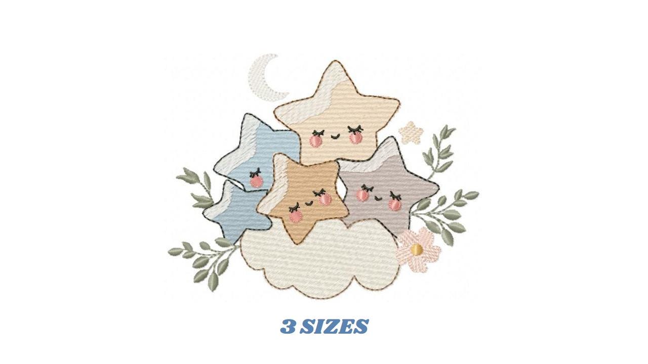 Stars and clouds embroidery design - Baby Girl and Boy machine embroidery pattern - Boho stars with leaves - Instant digital download jef