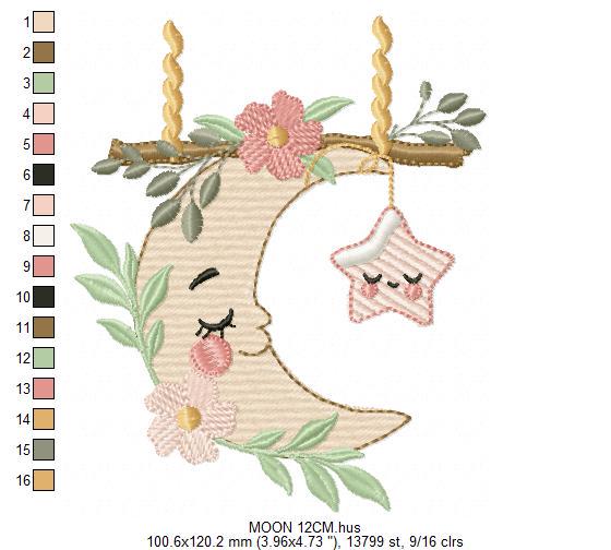 Moon with stars hearts and flowers embroidery design - Baby Girl Half moon machine embroidery pattern - Instant digital download pes jef dst