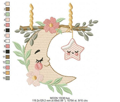 Moon with stars hearts and flowers embroidery design - Baby Girl Half moon machine embroidery pattern - Instant digital download pes jef dst