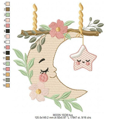 Moon with stars hearts and flowers embroidery design - Baby Girl Half moon machine embroidery pattern - Instant digital download pes jef dst