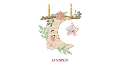 Moon with stars hearts and flowers embroidery design - Baby Girl Half moon machine embroidery pattern - Instant digital download pes jef dst