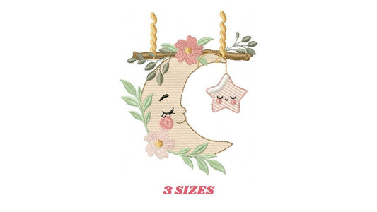 Moon with stars hearts and flowers embroidery design - Baby Girl Half moon machine embroidery pattern - Instant digital download pes jef dst