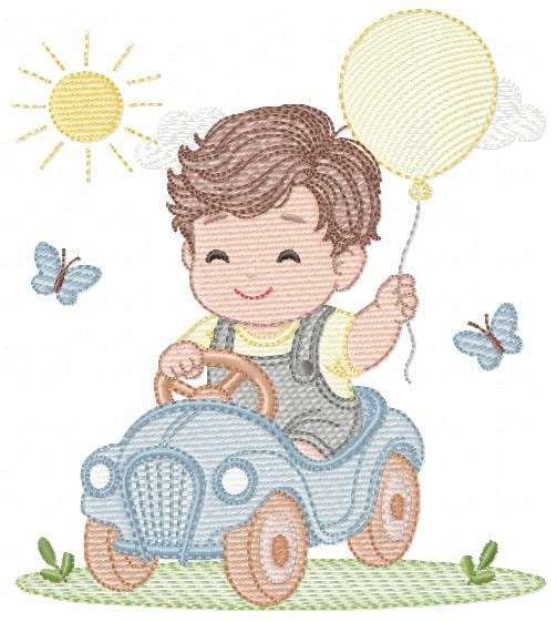 Baby Boy with old car embroidery designs - Toddler playing machine embroidery pattern - Boy with balloon - Instant digital download pes jef