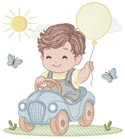 Baby Boy with old car embroidery designs - Toddler playing machine embroidery pattern - Boy with balloon - Instant digital download pes jef
