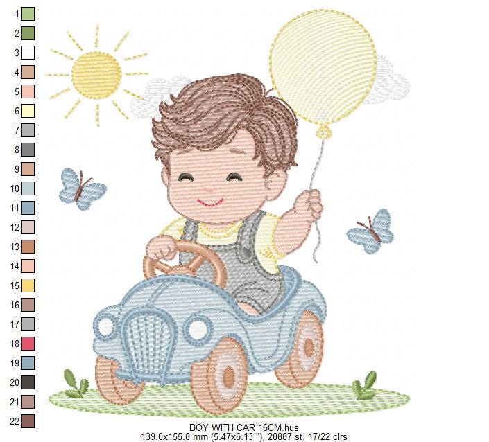 Baby Boy with old car embroidery designs - Toddler playing machine embroidery pattern - Boy with balloon - Instant digital download pes jef
