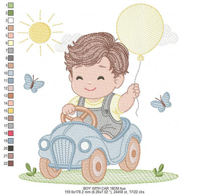 Baby Boy with old car embroidery designs - Toddler playing machine embroidery pattern - Boy with balloon - Instant digital download pes jef