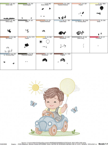 Baby Boy with old car embroidery designs - Toddler playing machine embroidery pattern - Boy with balloon - Instant digital download pes jef