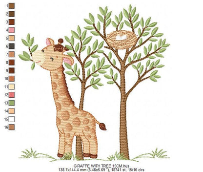Giraffe with tree embroidery designs - Safari wild animal with birdnest machine embroidery pattern - Baby boy file - Instant download pes