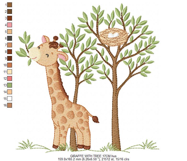 Giraffe with tree embroidery designs - Safari wild animal with birdnest machine embroidery pattern - Baby boy file - Instant download pes
