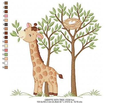 Giraffe with tree embroidery designs - Safari wild animal with birdnest machine embroidery pattern - Baby boy file - Instant download pes