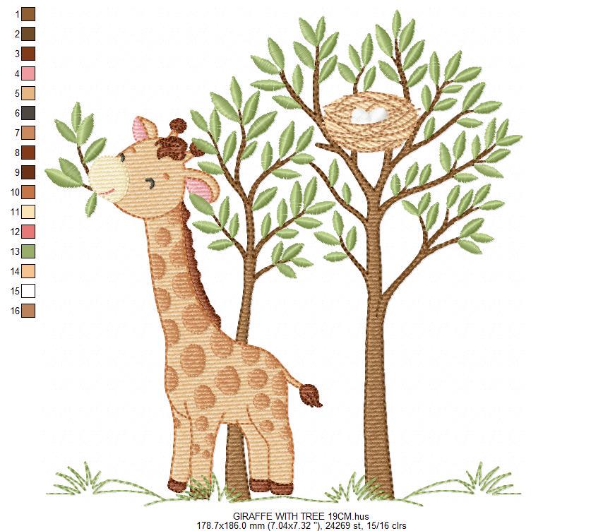 Giraffe with tree embroidery designs - Safari wild animal with birdnest machine embroidery pattern - Baby boy file - Instant download pes