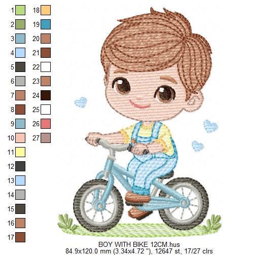 Boy with bike embroidery designs - Baby Boy with bycicle machine embroidery pattern - Cyclist Biker file - Instant digital download pes jef