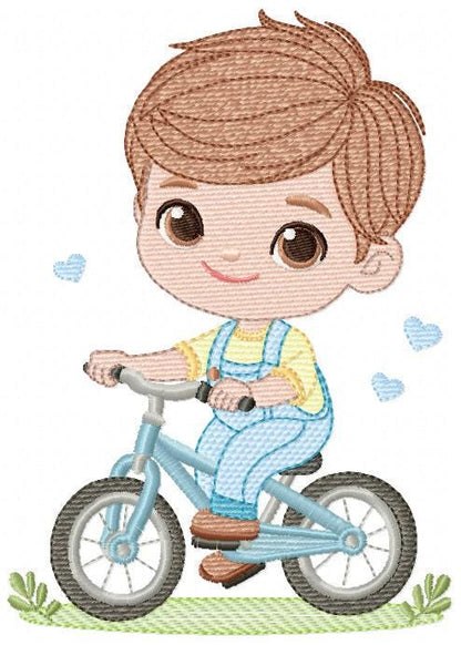 Boy with bike embroidery designs - Baby Boy with bycicle machine embroidery pattern - Cyclist Biker file - Instant digital download pes jef