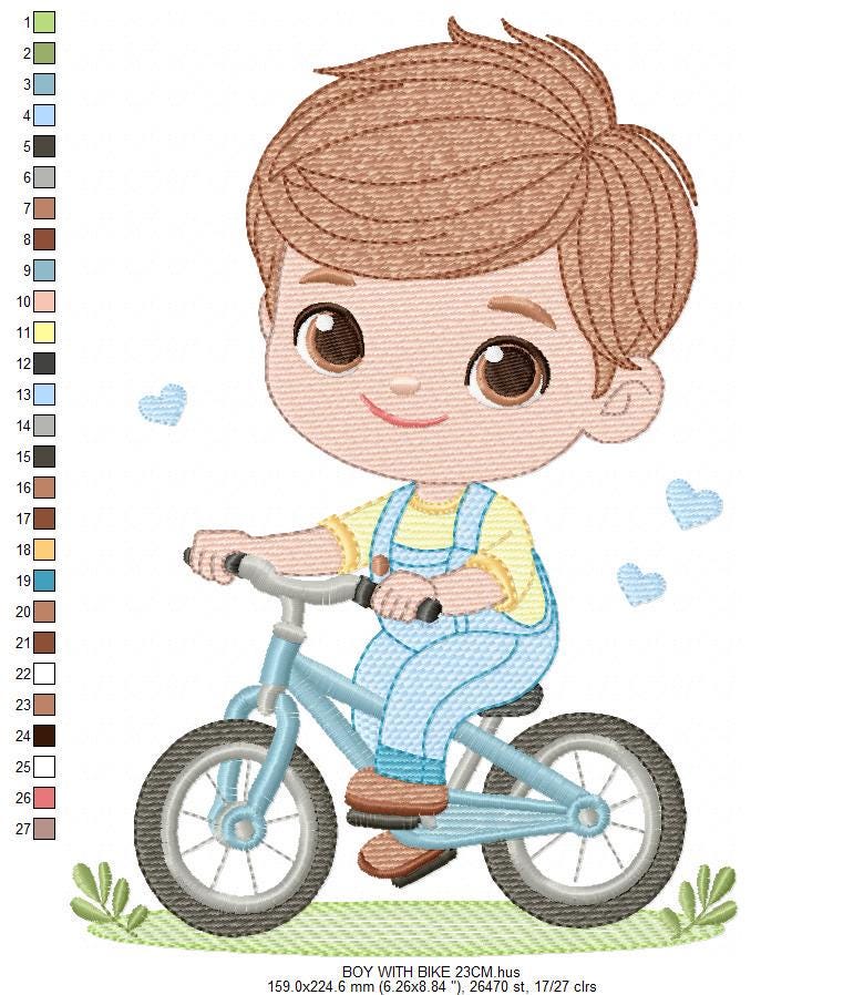 Boy with bike embroidery designs - Baby Boy with bycicle machine embroidery pattern - Cyclist Biker file - Instant digital download pes jef