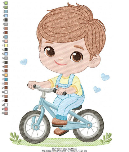 Boy with bike embroidery designs - Baby Boy with bycicle machine embroidery pattern - Cyclist Biker file - Instant digital download pes jef