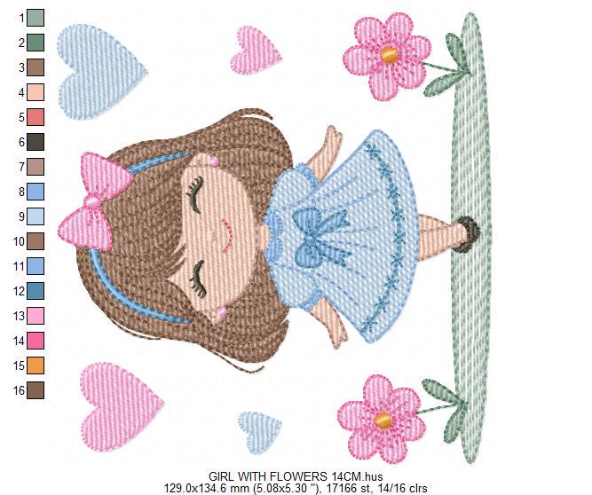 Young Girl with dress flowers hearts embroidery designs - Baby girl with lace and long hair machine embroidery pattern - Instant download