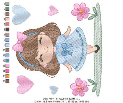 Young Girl with dress flowers hearts embroidery designs - Baby girl with lace and long hair machine embroidery pattern - Instant download