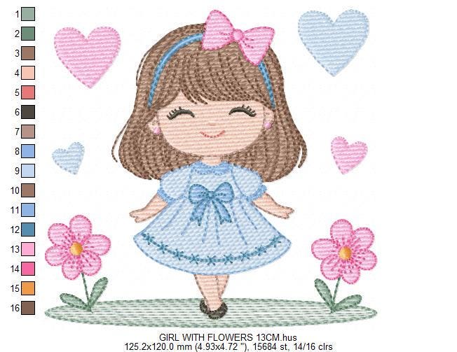 Young Girl with dress flowers hearts embroidery designs - Baby girl with lace and long hair machine embroidery pattern - Instant download