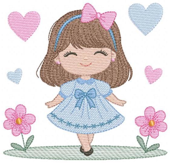 Young Girl with dress flowers hearts embroidery designs - Baby girl with lace and long hair machine embroidery pattern - Instant download