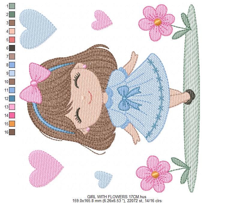Young Girl with dress flowers hearts embroidery designs - Baby girl with lace and long hair machine embroidery pattern - Instant download