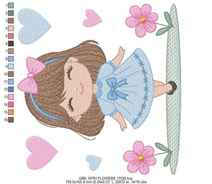 Young Girl with dress flowers hearts embroidery designs - Baby girl with lace and long hair machine embroidery pattern - Instant download
