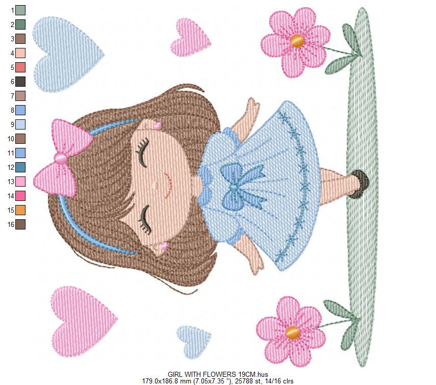 Young Girl with dress flowers hearts embroidery designs - Baby girl with lace and long hair machine embroidery pattern - Instant download