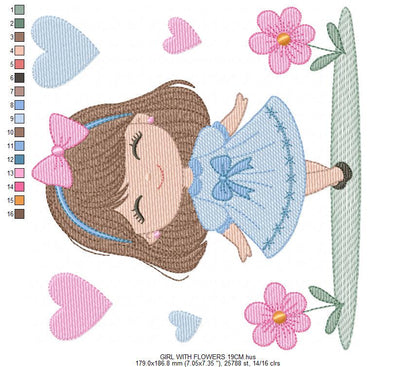 Young Girl with dress flowers hearts embroidery designs - Baby girl with lace and long hair machine embroidery pattern - Instant download